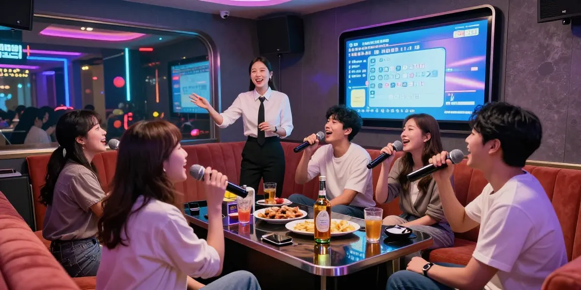 Experience 제주유흥 nightlife at a lively karaoke room in Jeju, featuring friends enjoying drinks and music in a vibrant atmosphere.
