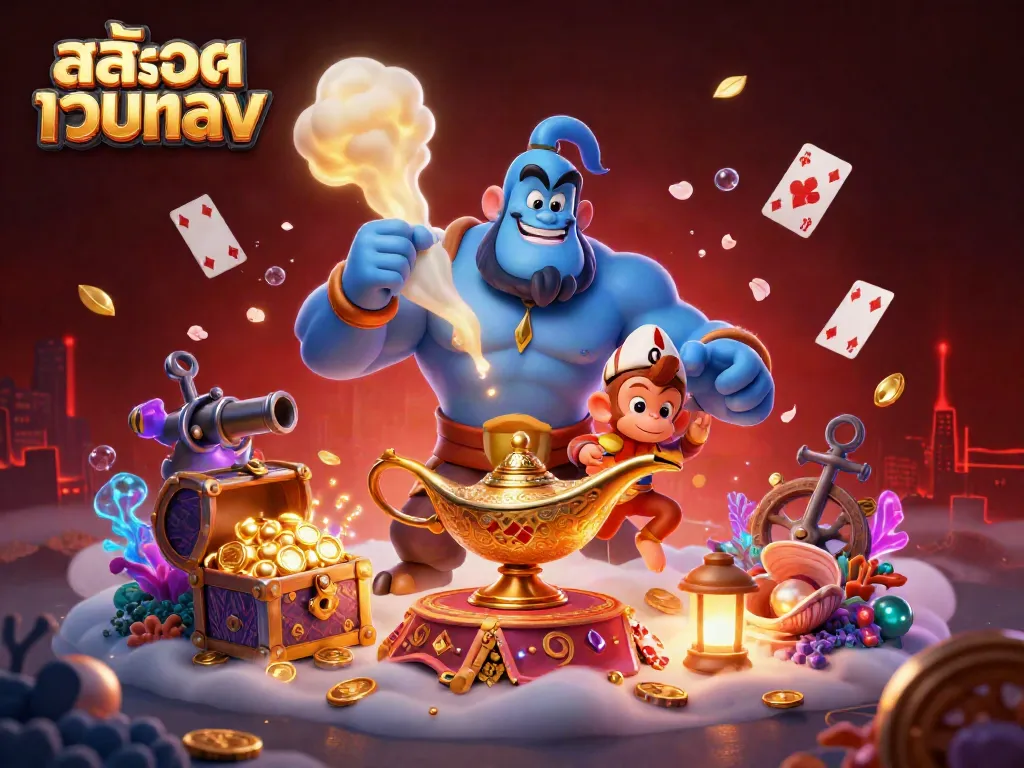 Engage with สล็อตเว็บตรง as a genie bursts from a lamp amidst floating cards and treasures.