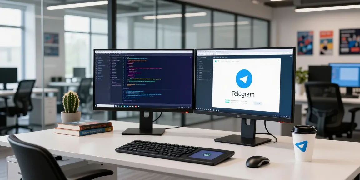 Developer enhancing communication tools on telegram官网 in modern tech workspace.