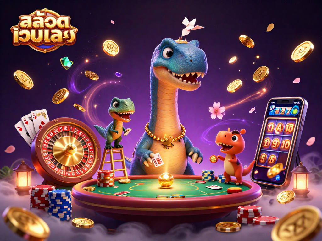 Experience the excitement of สล็อตเว็บตรง with a playful scene featuring a brontosaurus and raptor in a lively casino setting.