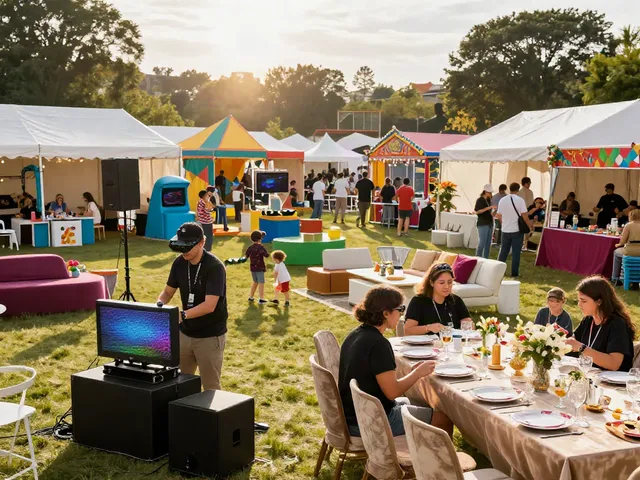 Event rentals showcasing vibrant festival setup with colorful tents and AV equipment