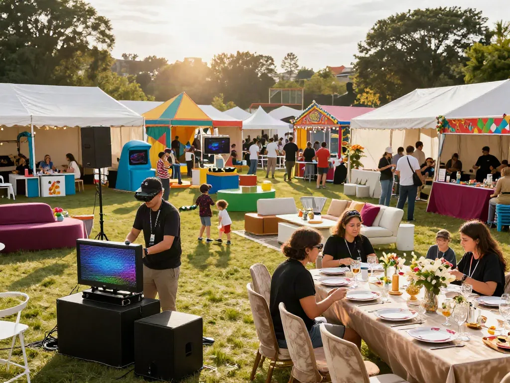 Event rentals showcasing vibrant festival setup with colorful tents and AV equipment