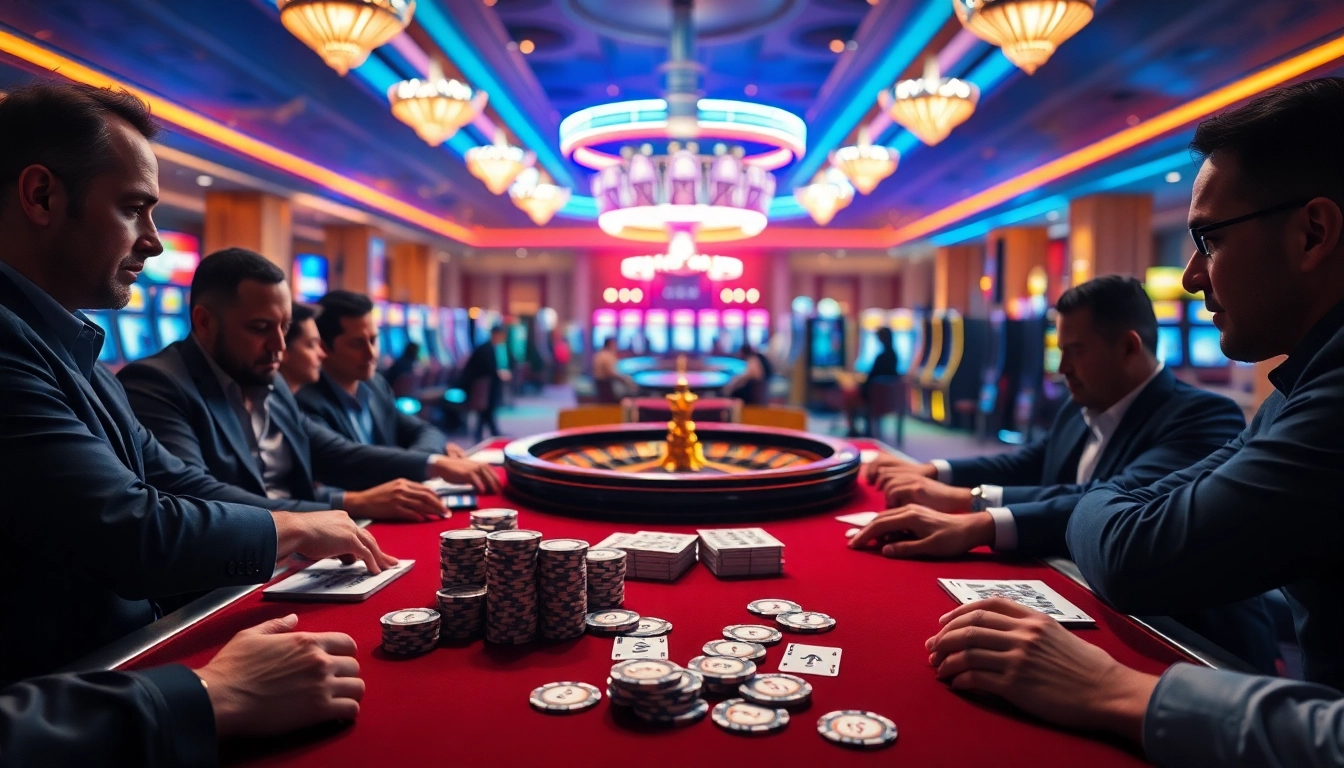 Players enjoying a poker game at ev88.claims casino, surrounded by vibrant lights and luxurious ambiance.