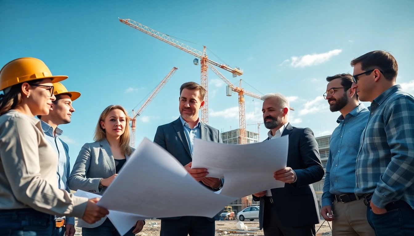 Real Estate Development team working collaboratively at a construction site with blueprints and models.