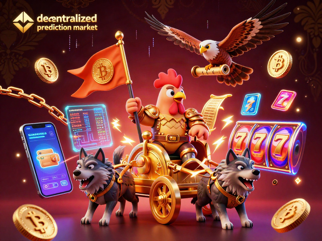 Engage in the decentralized prediction market with 3D rooster warlord leading a crypto-themed adventure.