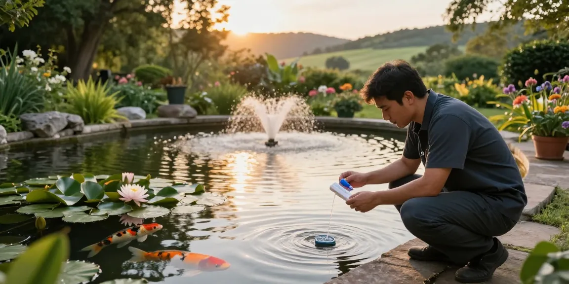 Pond specialist assessing water quality in a serene backyard pond.