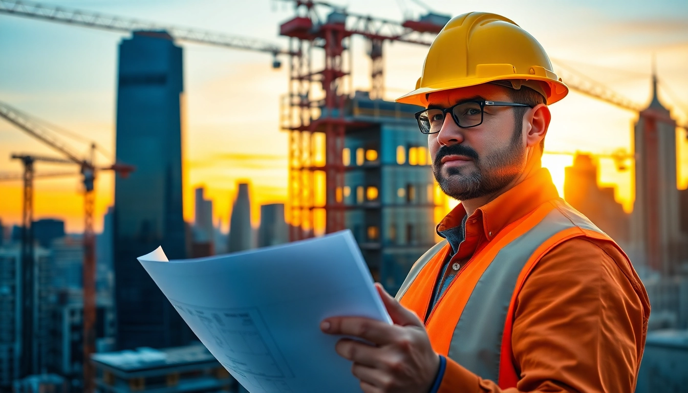 Empowering New York City General Contractor overseeing a skyscraper construction project with blueprints.