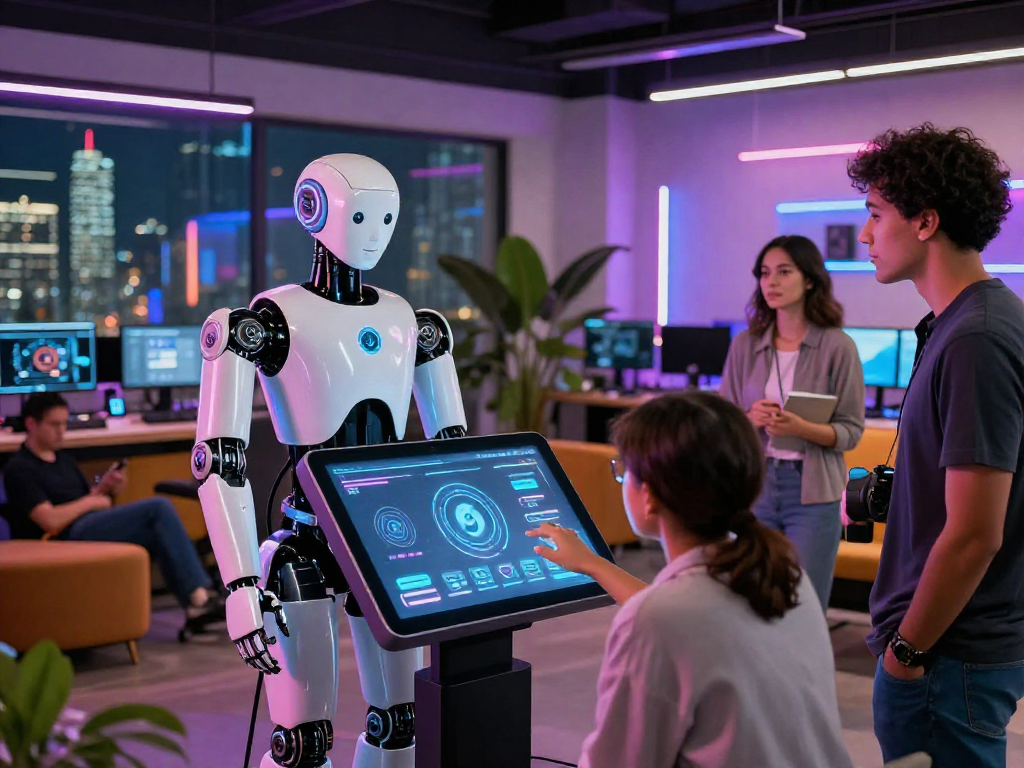 Interactive sex bot demonstration in a modern tech environment with diverse users engaging.