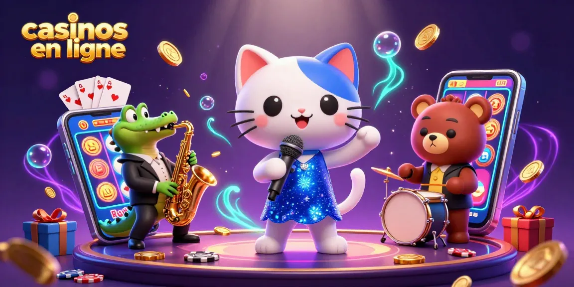 Illustration dynamique de casinos en ligne avec un chat chanteur, un crocodile saxophoniste et un ourson batteur.