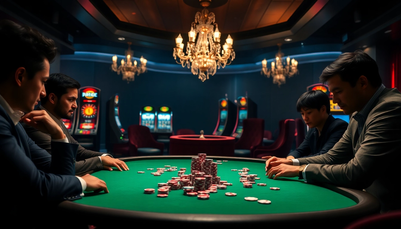 Des joueurs occasionnels profitant d'un jeu stratégique à une table de poker d'un casino en ligne France fiable, entourés de tickets de pari et de jetons vibrants.