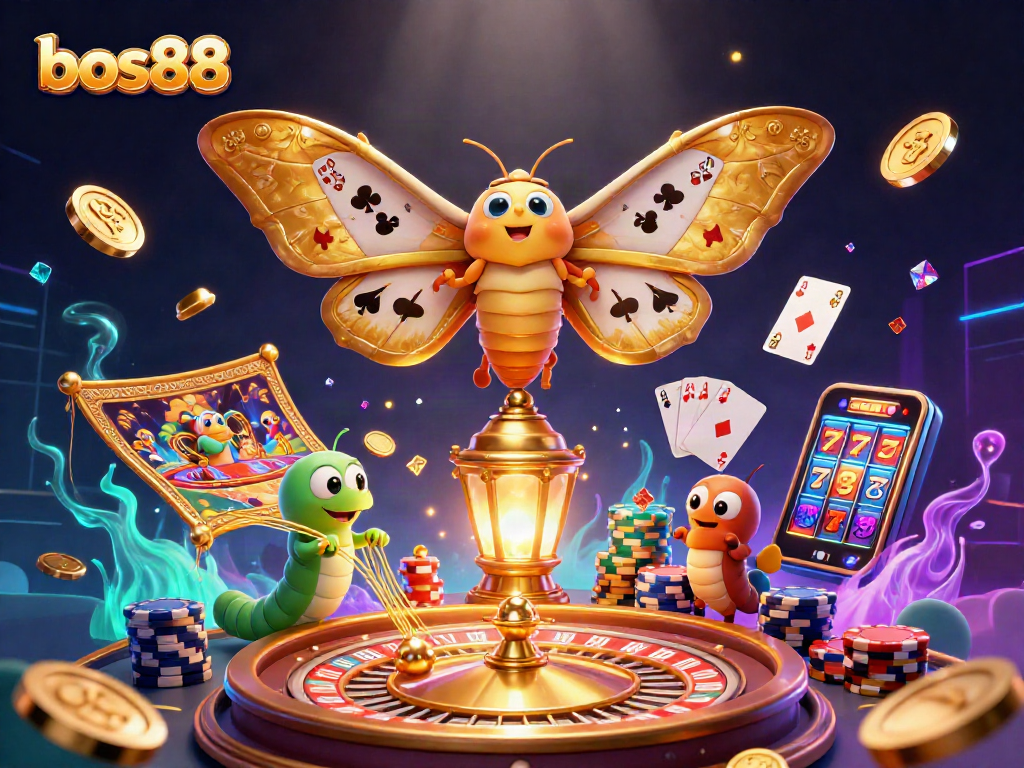 Melihat slot menang di bos88 dengan ombak koin emas berkilauan dan kartu bermain megah.