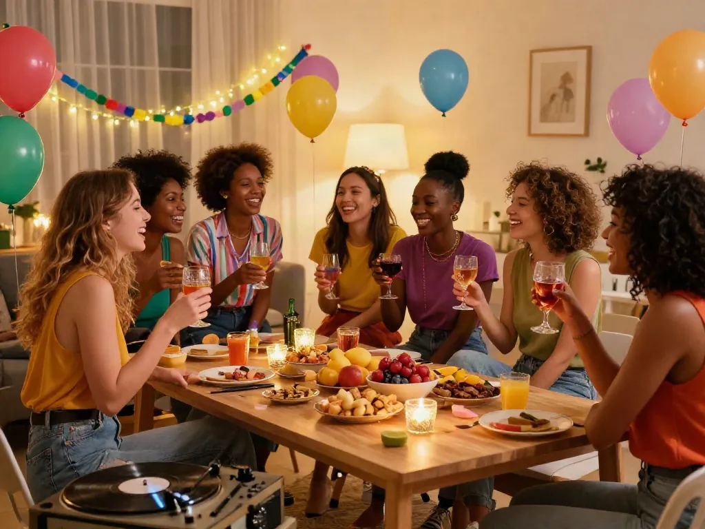 Cheerful gathering celebrating lesbian porn culture with diverse women in a cozy setting.