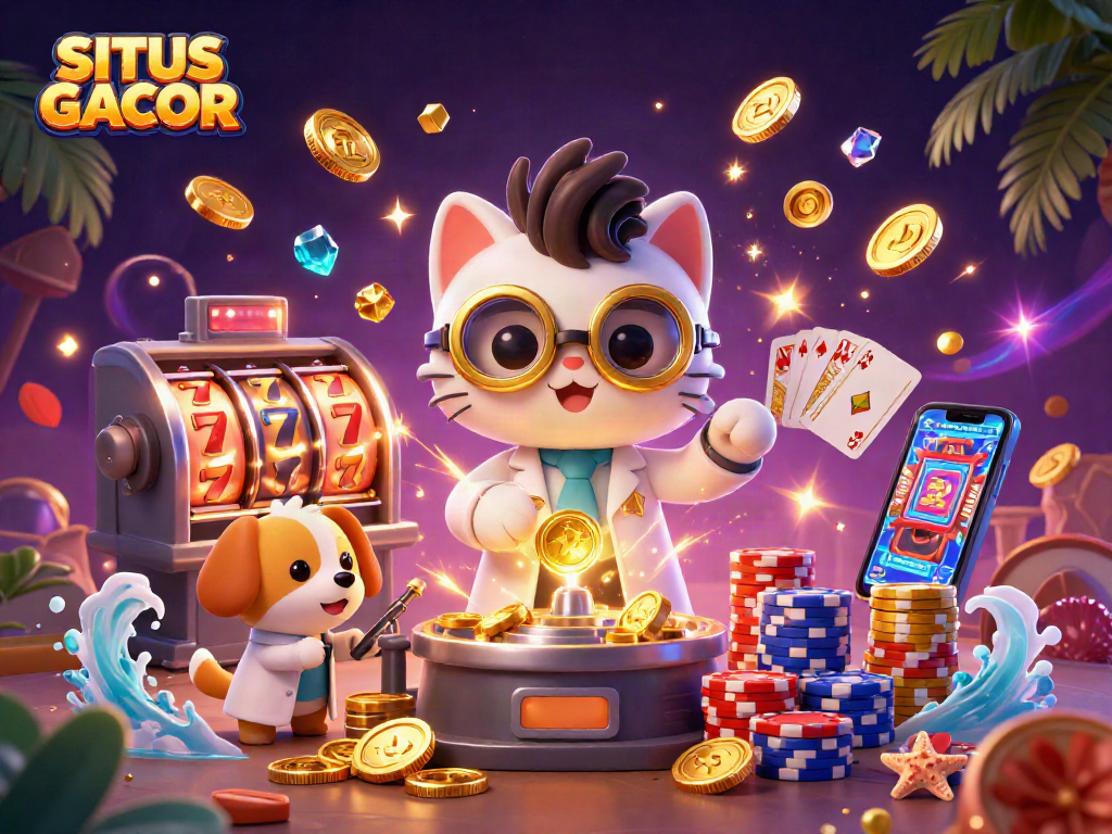 SITUS GACOR showcases a vibrant scene with cartoon characters creating casino games filled with coins and rich colors.