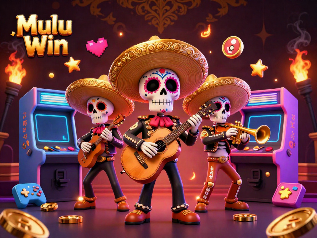 Mulu Win showcases a vibrant mariachi band amidst colorful arcade games, celebrating online gaming fun.