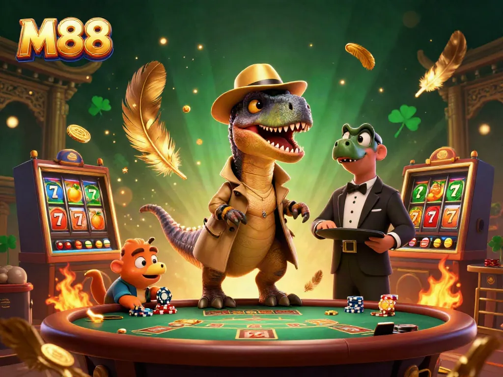 M88 cartoon velociraptor at blackjack table with casino elements in a vibrant illustration.
