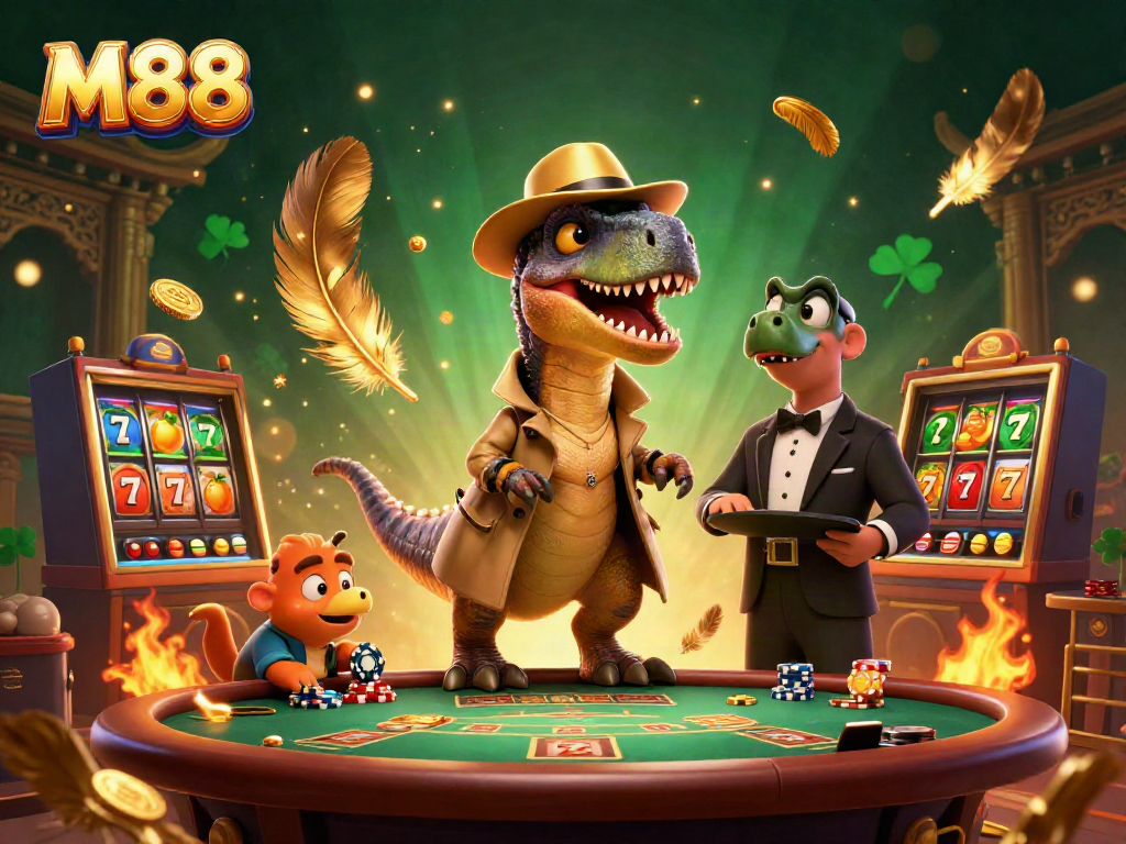 M88 cartoon velociraptor at blackjack table with casino elements in a vibrant illustration.