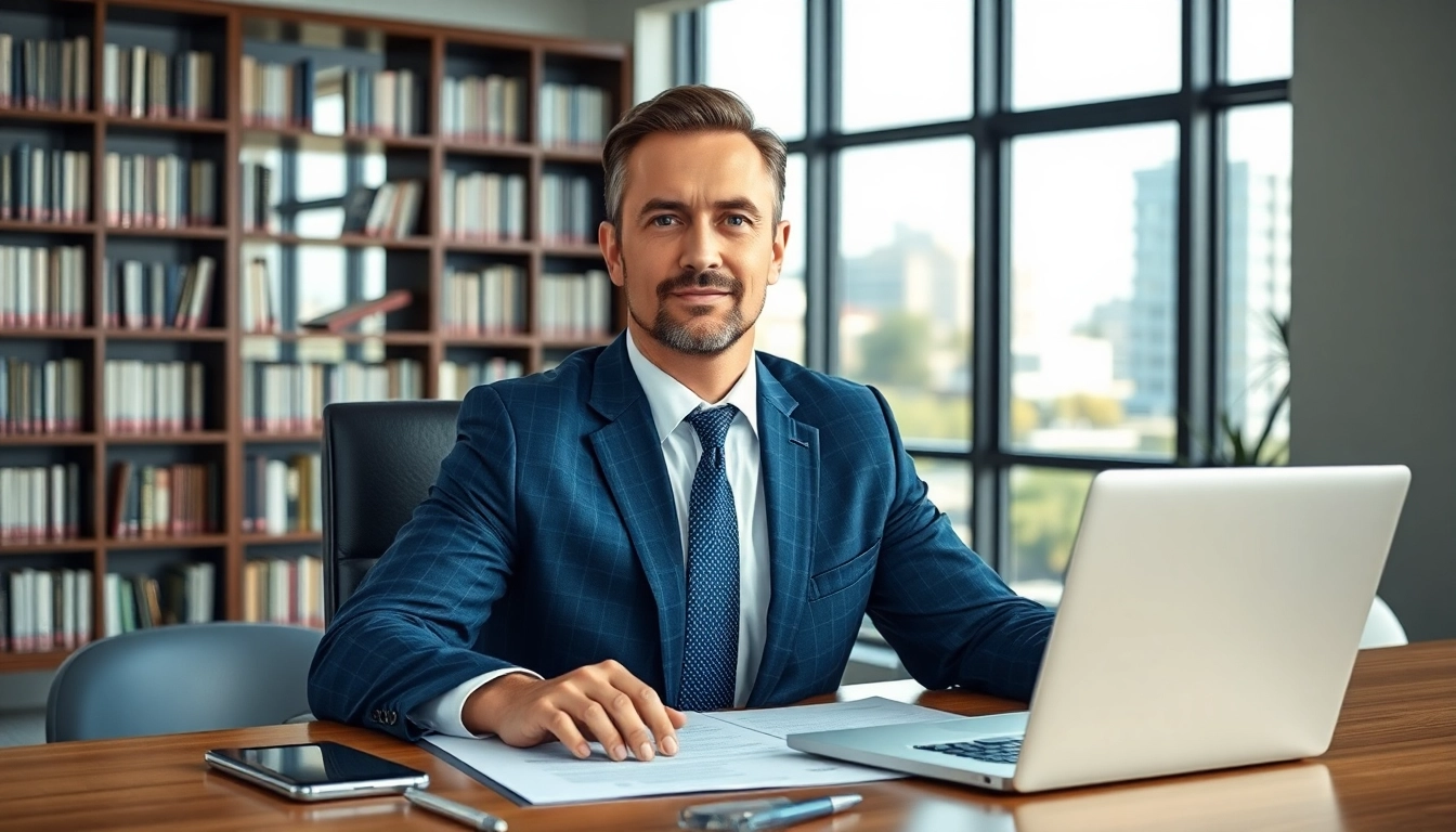 Clearwater truck accident attorney confidently working in a modern office, showcasing professionalism.