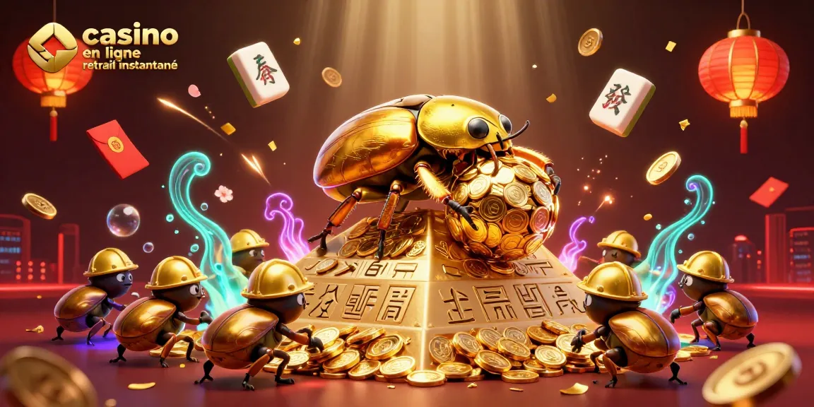 Profitez d'une scène dynamique de casino en ligne retrait instantané avec des scarabées dorés et des éléments festifs.