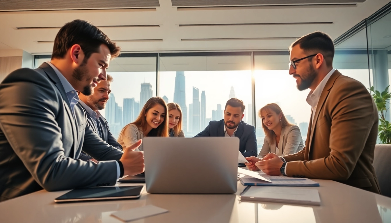 Business Consultants in Dubai collaborating in a modern office setting with a city skyline backdrop.