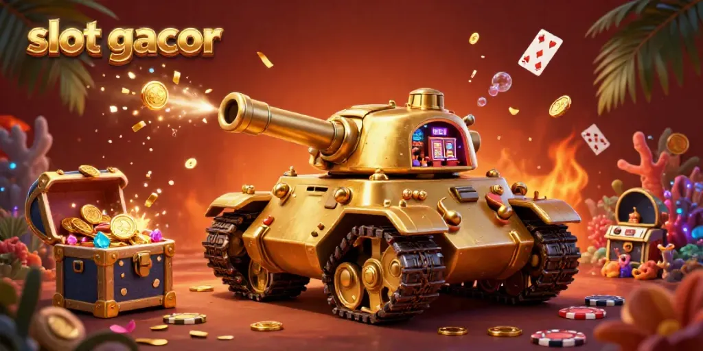 Engage with slot gacor in a dynamic casino-themed scene featuring a golden beetle tank and vibrant treasures.