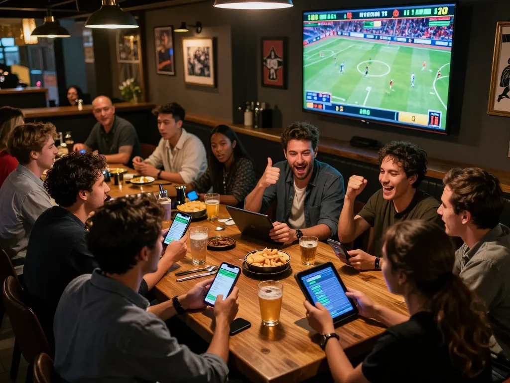 Engaged bettors celebrate their wins while using F168 betting apps in a lively sports bar atmosphere.