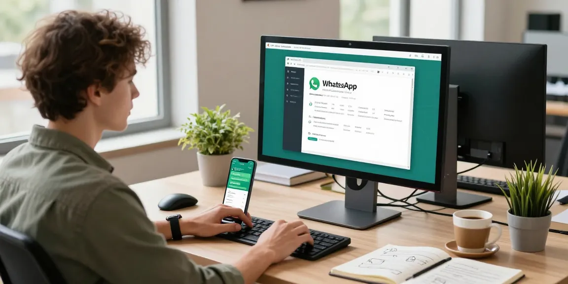Young professional using WhatsApp電腦版 on desktop in a modern workspace setting.