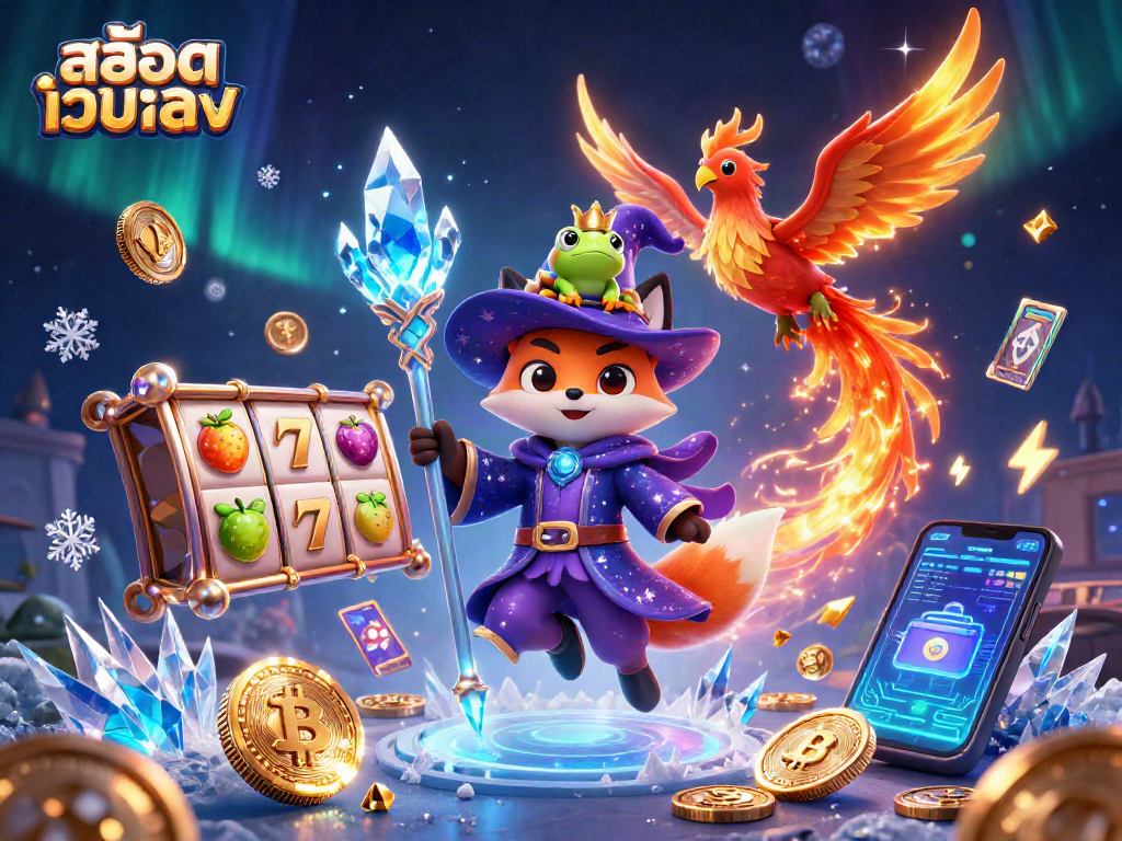 Engage with สล็อตเว็บตรง as a mystical wizard fox and phoenix surround glowing slot reel symbols.