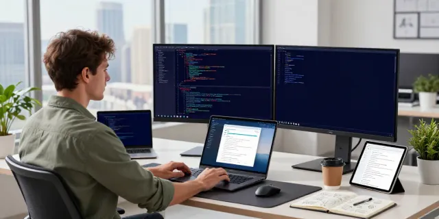 Developer using an RSS content generation tool at a modern workspace.
