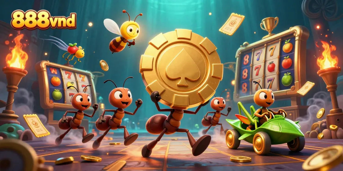 Engaging scene with 888vnd's playful ants heisting golden poker chip, surrounded by dynamic slot elements.