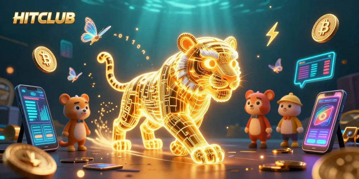 Engage with HITCLUB's vibrant digital casino world featuring glowing neon characters and crypto elements.