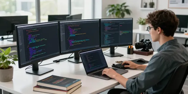 Developer coding in Notepad++ at a modern workspace with syntax highlighting.