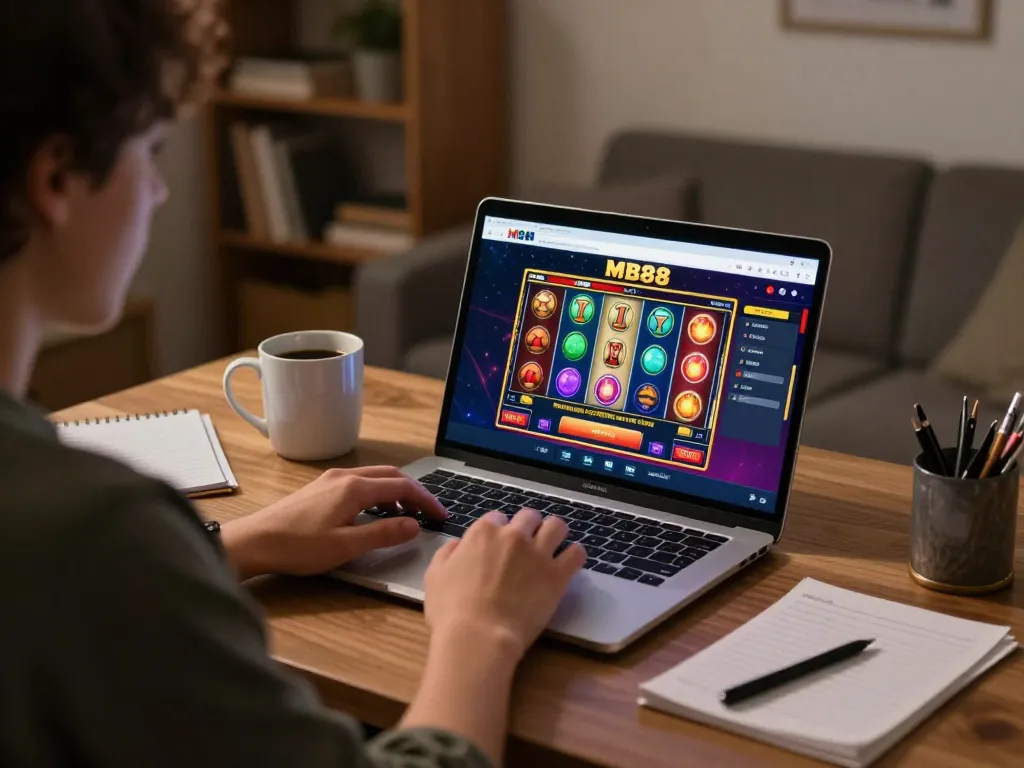 Player engaging in online slots at MB88, showcasing a cozy home gaming atmosphere.