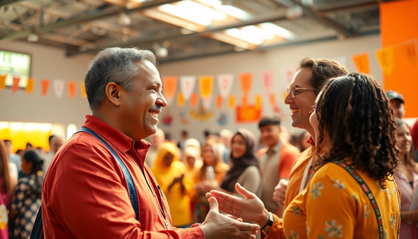 Philanthropist engaging with community members at a charitable event, spreading positivity.