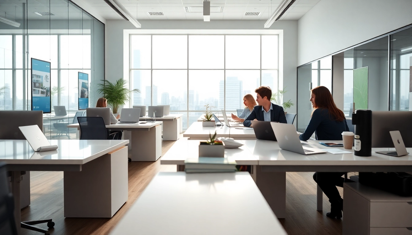 Real Estate office showcasing a modern workspace with collaboration and marketing materials
