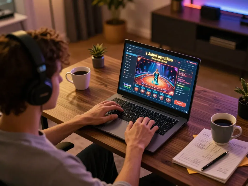 Engaging gameplay at casino esteri per italiani, showcasing a person using a laptop in a cozy home setting.