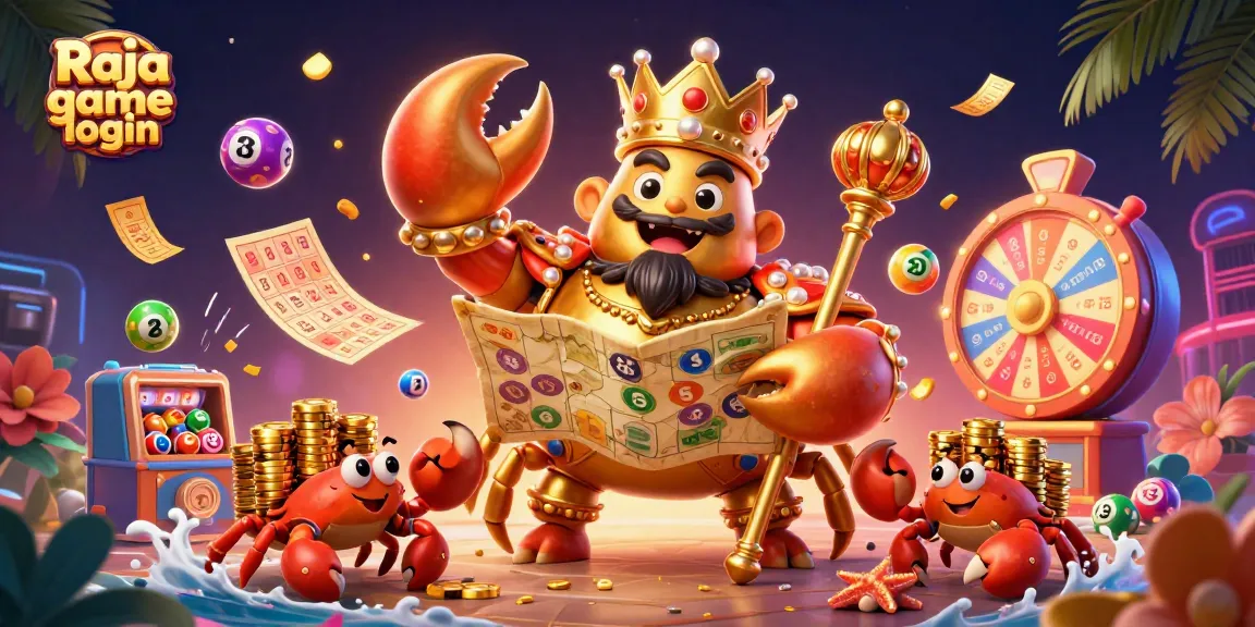 Engage with excitement at Raja game login featuring a golden crab emperor surrounded by vibrant lottery game elements.