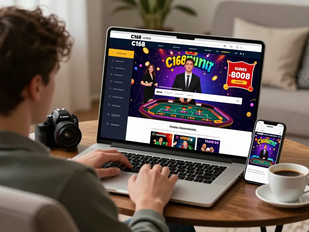 C168 online gambling experience with live casino dealer and promotional banners in a cozy home setting.