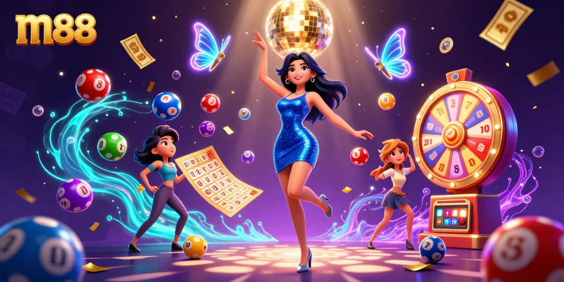Engage with m88's vibrant lottery experience featuring a glamorous character in an electric blue dress.