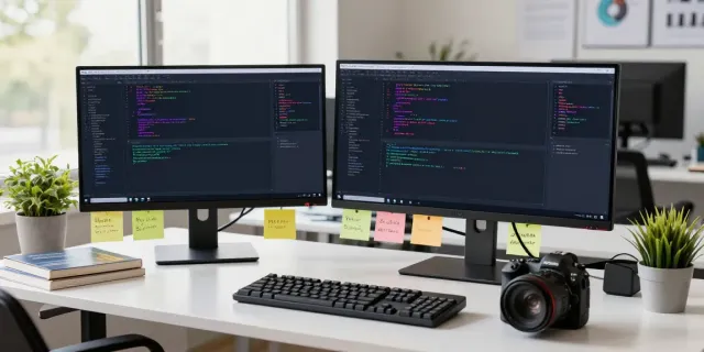 Developer using Notepad++ at a modern workspace with dual monitors and bright natural light.