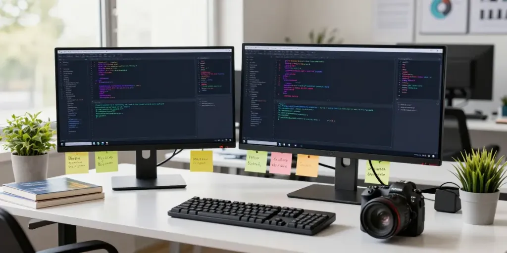 Developer using Notepad++ at a modern workspace with dual monitors and bright natural light.