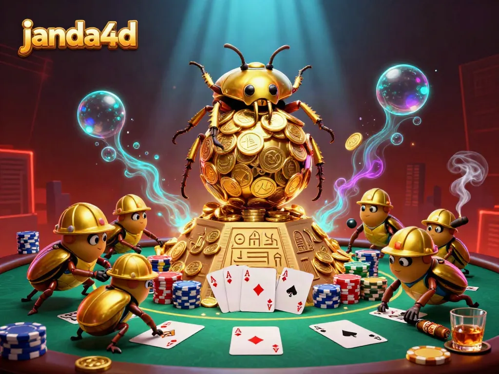 JANDA4D menghadirkan ilustrasi 3D yang menarik tentang permainan kasino dengan unsur kasino dan simbol hoki.