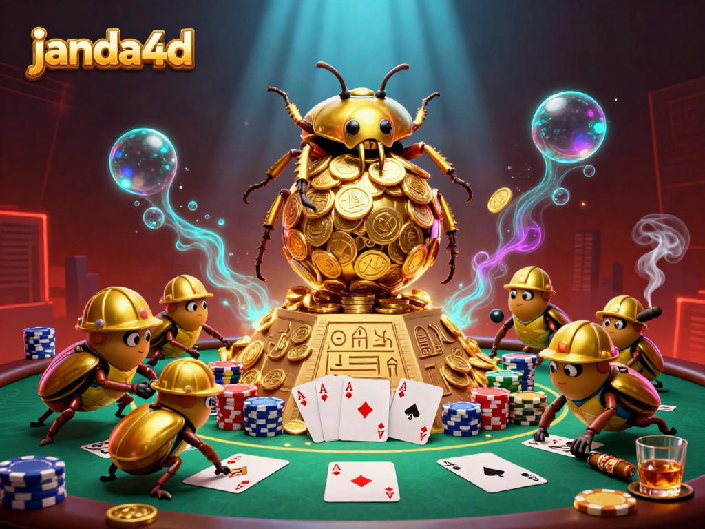 JANDA4D menghadirkan ilustrasi 3D yang menarik tentang permainan kasino dengan unsur kasino dan simbol hoki.