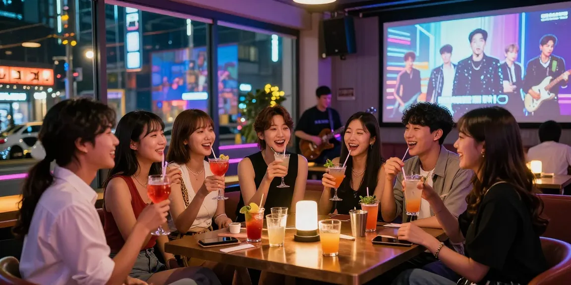 하루이야기의 강남 밤문화, 친구들이 세련된 바에서 즐기는 생동감 넘치는 모습