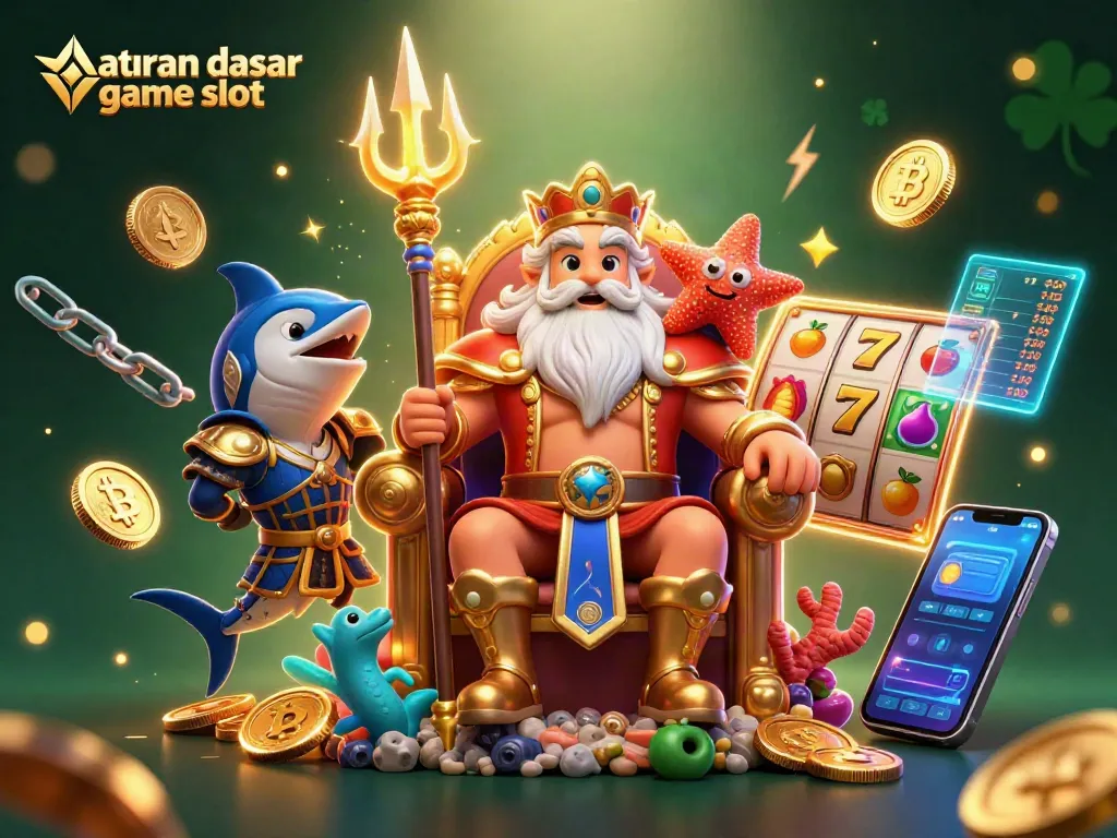 Aturan dasar game slot jelas terpapar dalam ilustrasi menarik tentang mesin slot modern dan simbol keberuntungan.