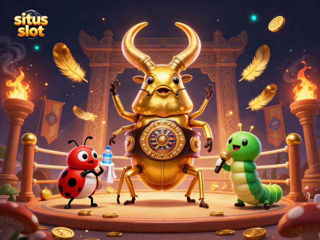 Ilustrasi 3D yang menampilkan situs slot dengan karakter menarik dalam arena pertarungan.