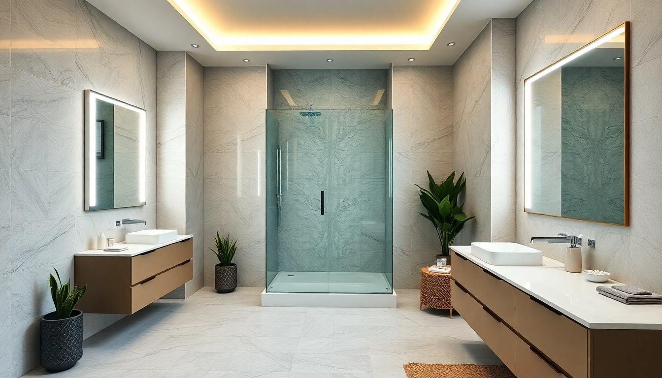 Sirhona fr met en avant une cabine de douche moderne et des miroirs LED élégants dans une salle de bain stylée.