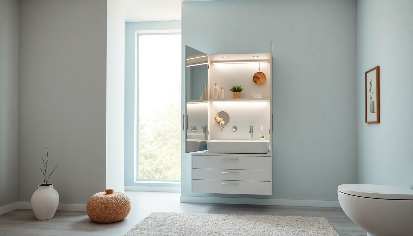 Explore a stylish mirrored bathroom cabinet with light showcasing organized storage and modern design.