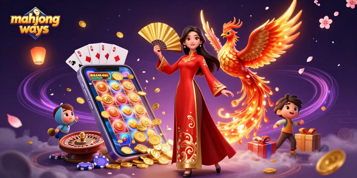 Spin to win with mahjong ways - vibrant 3D illustration featuring gaming elements, coins, and a fan.