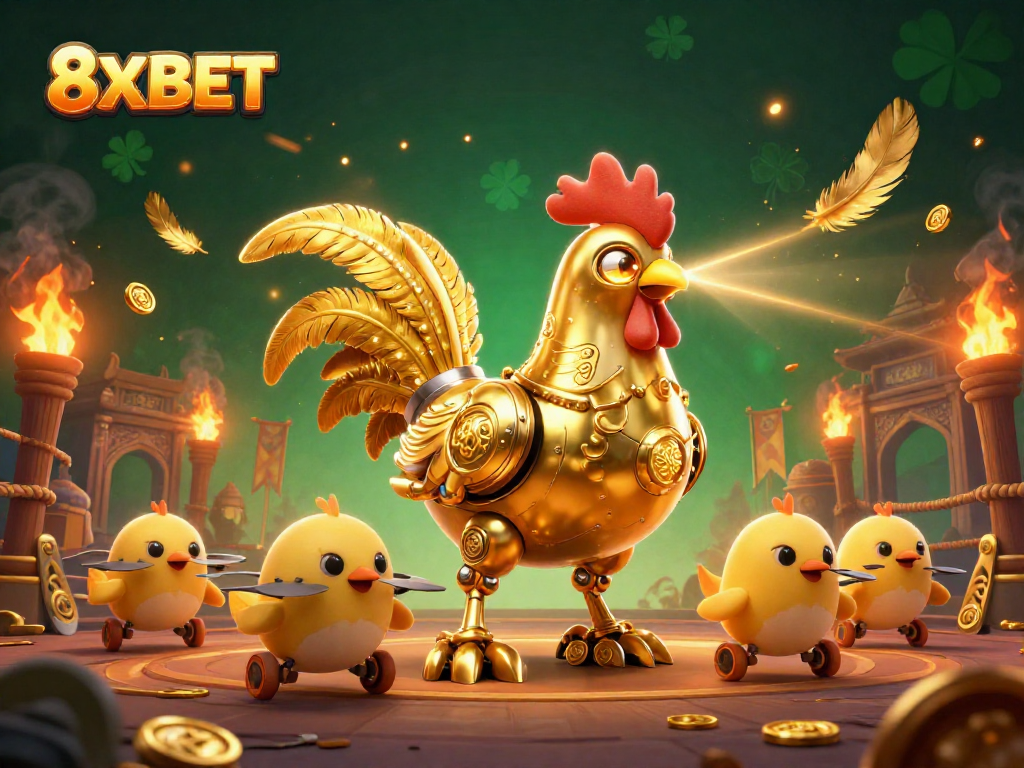 Engage with 8XBET as the golden rooster robot shoots lasers in an electrifying casino arena