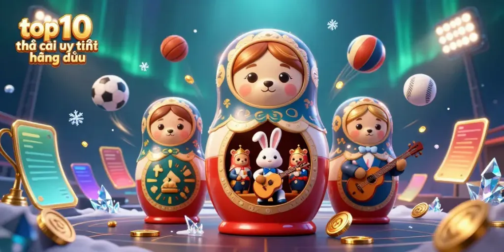 Engage with the top 10 nhà cái uy tín hàng đầu in this vibrant 3D casino scene featuring interactive characters and elements.